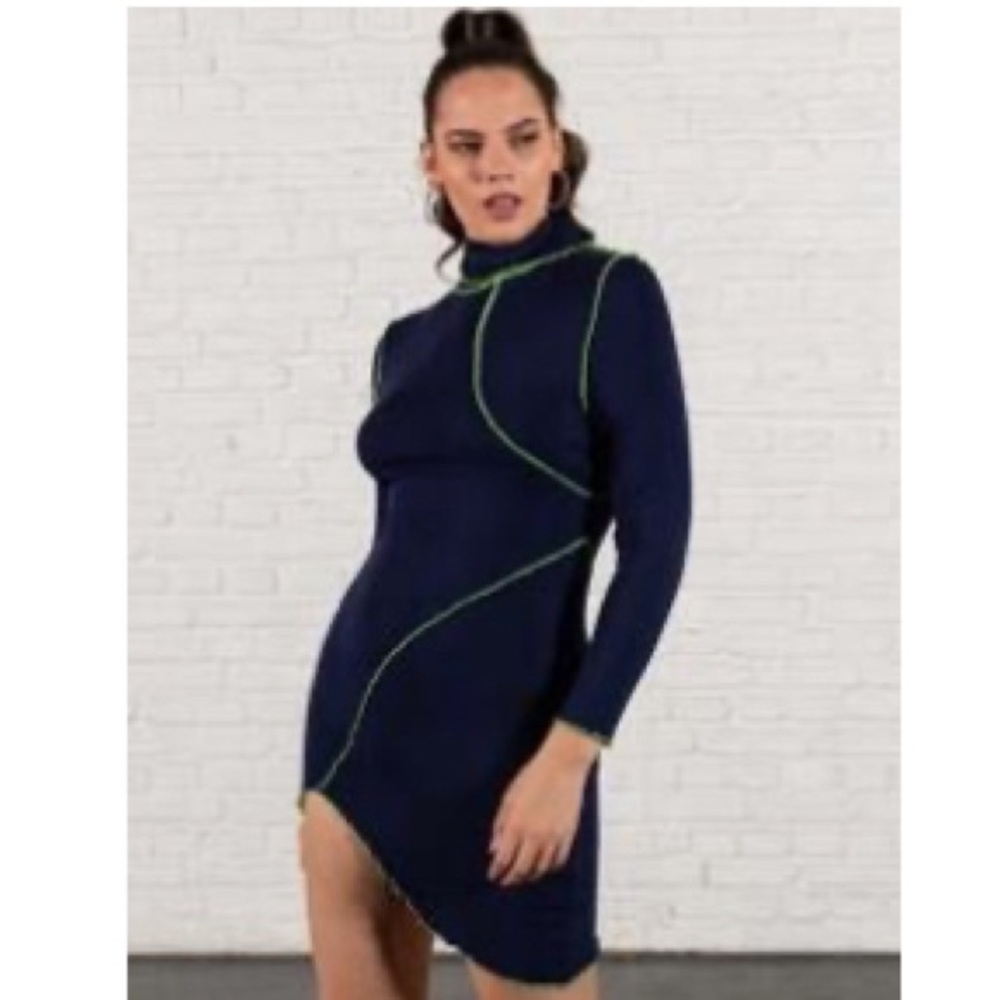 Navy Blue Dress with Green Stitching Accents
